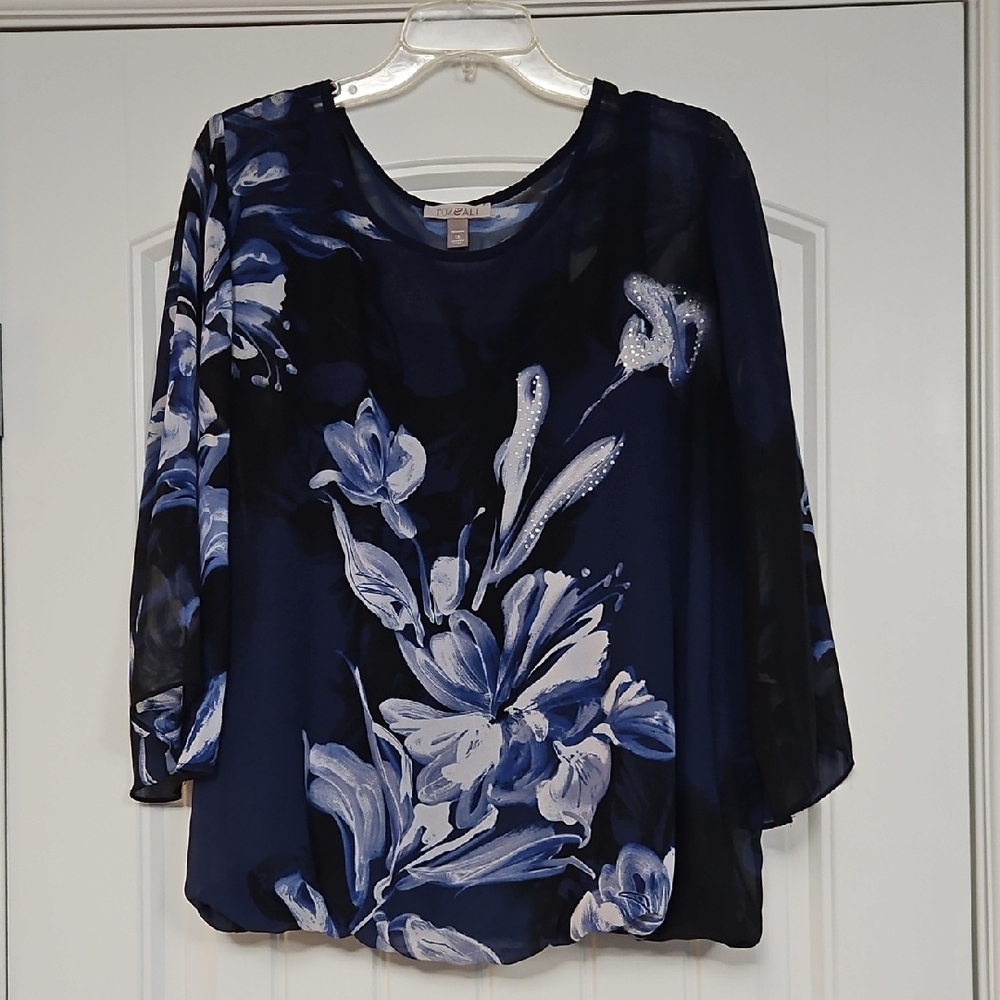 Roz & Ali Navy Blue Floral Blouse